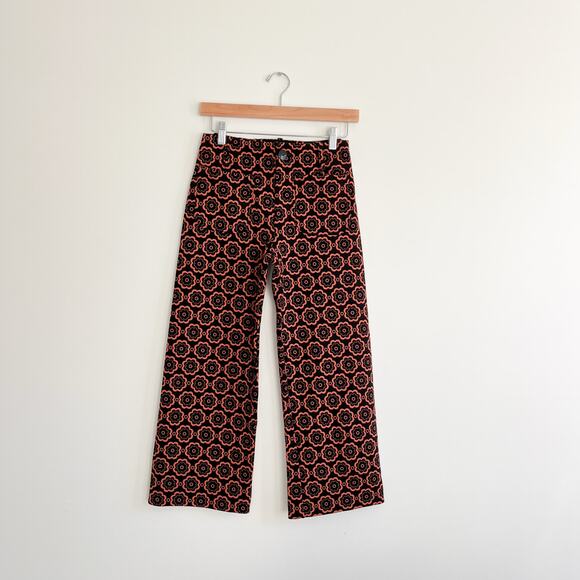 Anthropologie Maeve The Colette Crop Wide Leg Ponte Pants in Black Motif Orange - Picture 3 of 12